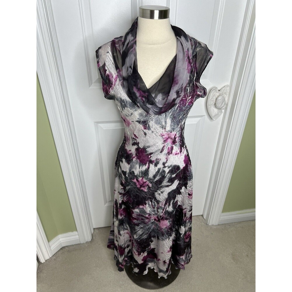 Komarov Dress Women L Crinkled Floral Satin Lace Cowl  Romantic w Shawl Wrap